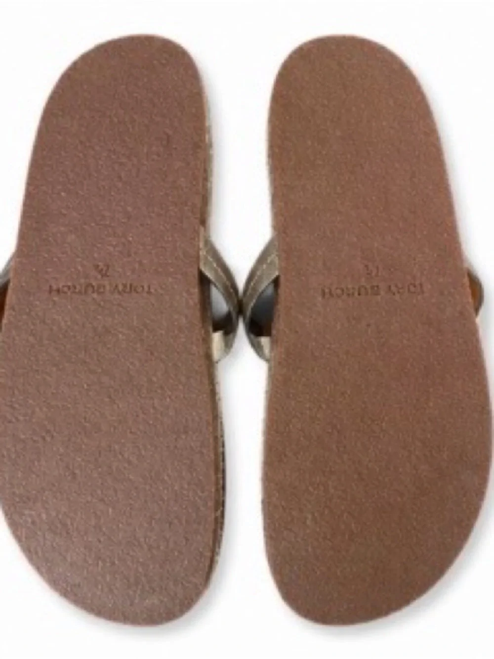 Tory Burch Metallic Silver Logo Thong Sandals with Brown Suede Footbed